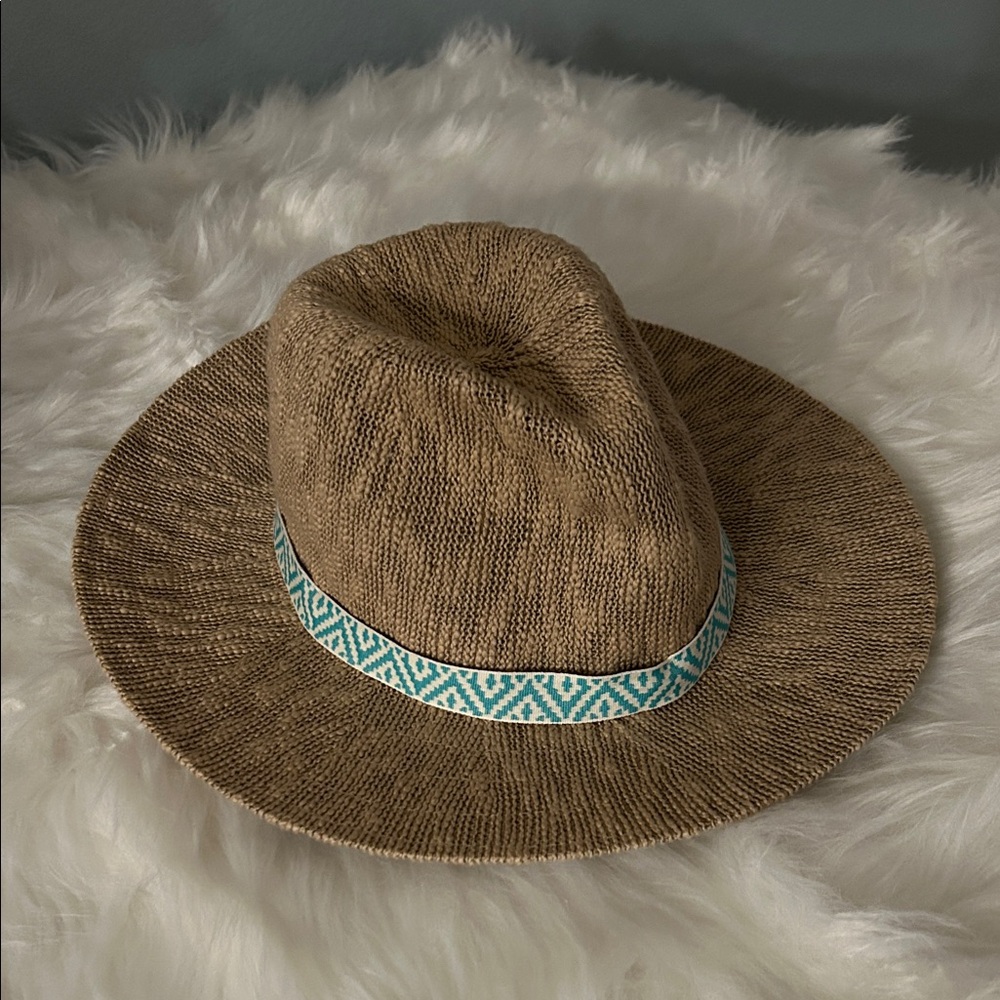 Stylish Tan Hat with Blue Patterned Band